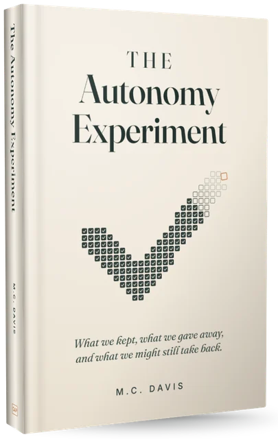The Autonomy Experiment by M.C. Davis, cover: a check mark built from tiny consent checkboxes, the last ones left empty
